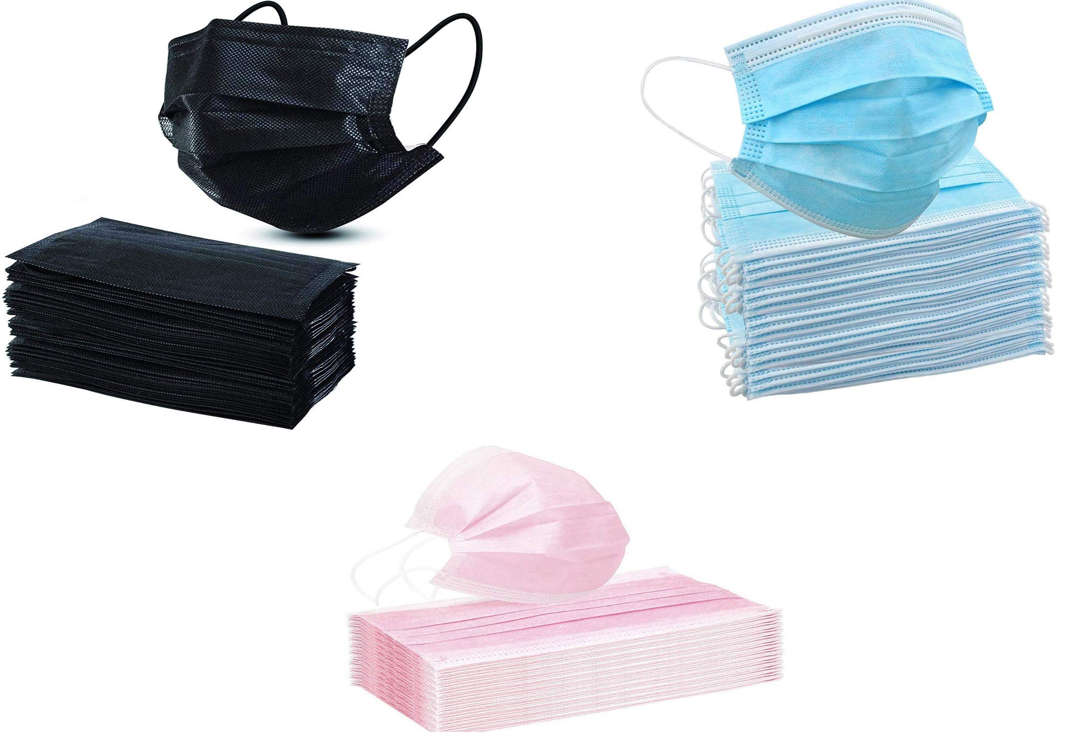 KAV® 300 PCS 3 Ply Disposable Face Masks (100 Blue, 100 Black & 100 Pink) | Face Covering | High Filterability, Suitable For Sensitive Skin Breathable Face Mask