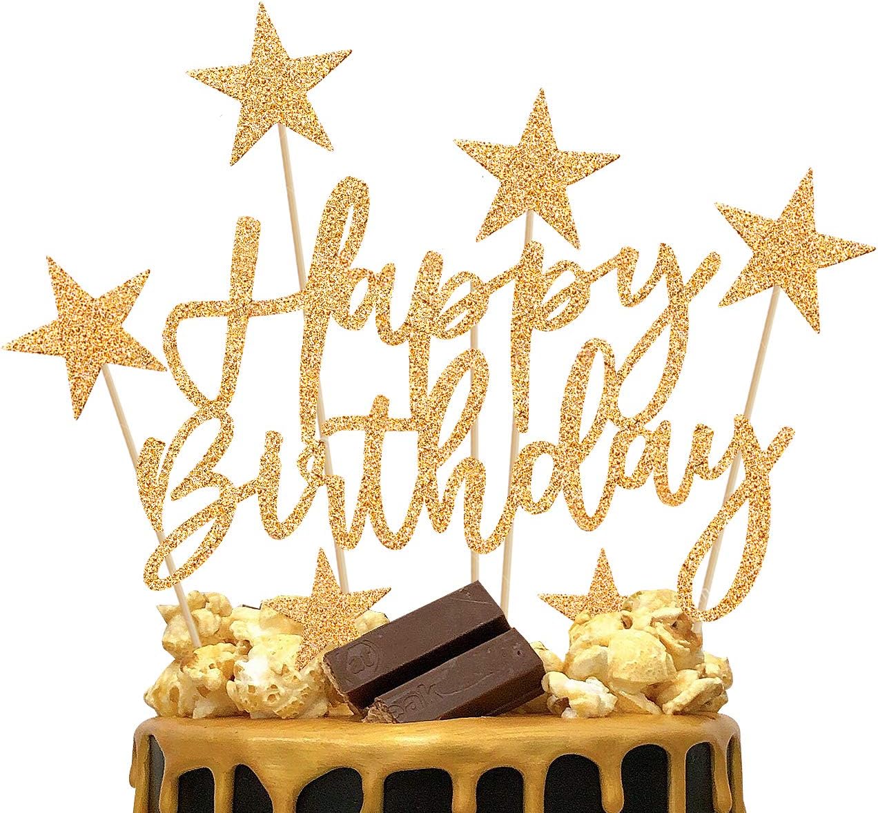 iZoeL 2 Sets Gold Cake Decoration Happy Birthday Banner Confetti Balloon Stars Heart Cake Topper for Man Boys Women Girls Gold Theme Birthday Decor Hen Party