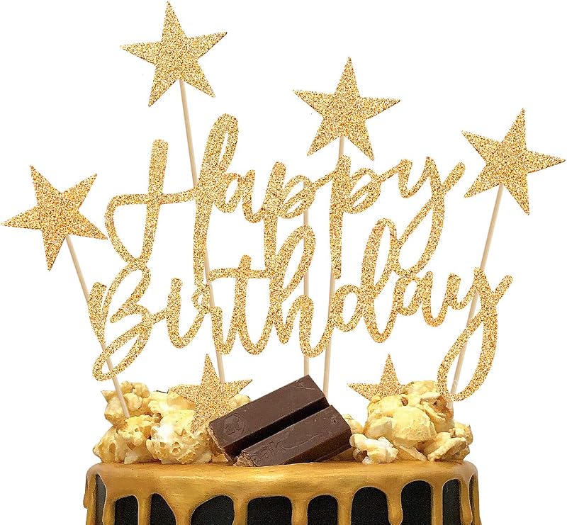 iZoeL Gold Birthday Decoration Set 2 Sets Cake Topper Banner Confetti Stars