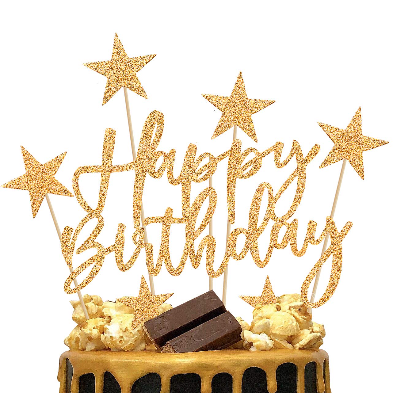 iZoeL 2 Sets Gold Cake Decoration Happy Birthday Banner Confetti Balloon Stars Heart Cake Topper for Man Boys Women Girls Gold Theme Birthday Decor Hen Party