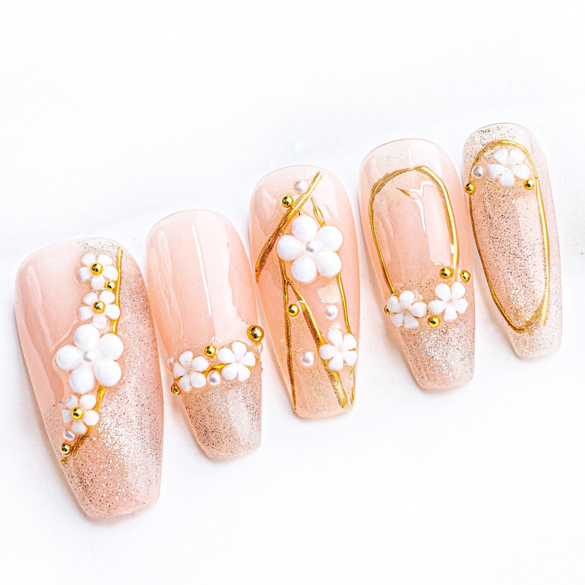 Sun&Beam Nails Handmade Press On Nails Medium Almond Light Pink Pearl Shell Glossy 10 Pieces Reusable for Everyday Wear and Special Occasions (#010 XS)