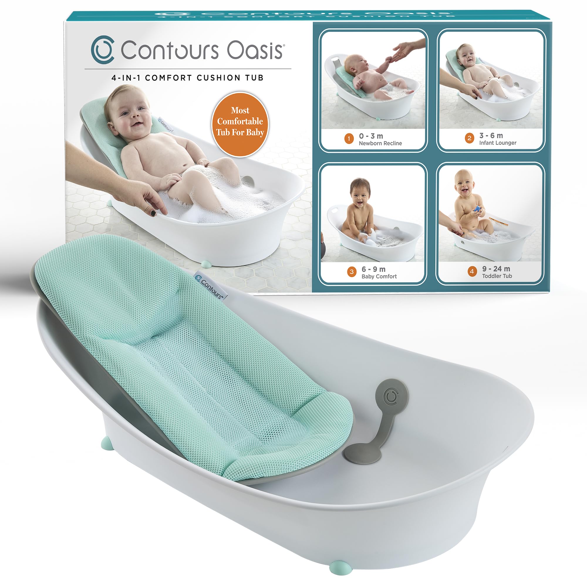 Photo 1 of Contours Oasis 4-in-1 Baby Bathtub, Infant Bath Seat, Newborn Toddler Support, Portable, Quick-Dry Mesh Pad, Grow-with-Me, Comfortable, Cleanable, Compact, Non-Slip Base, Blue and White, 0-24 Months