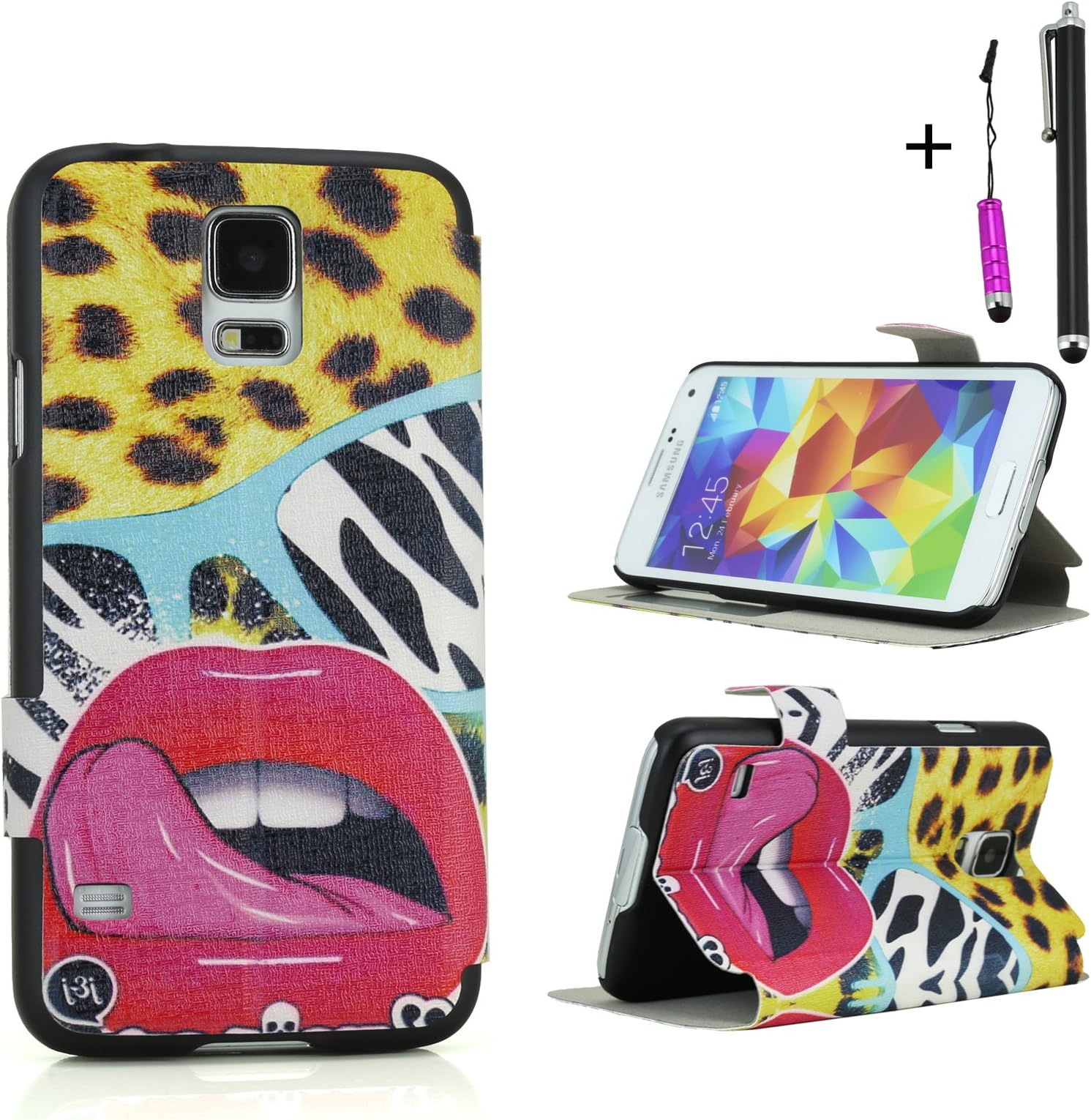 Cellular360 Fashion Printing Folio Window Stand Synthetic Case with Secure Closure and Two Free Stylus for Samsung Galaxy S5 S V (Verizon, Sprint, AT&T , T-Mobile ...) (Sexy Lips)