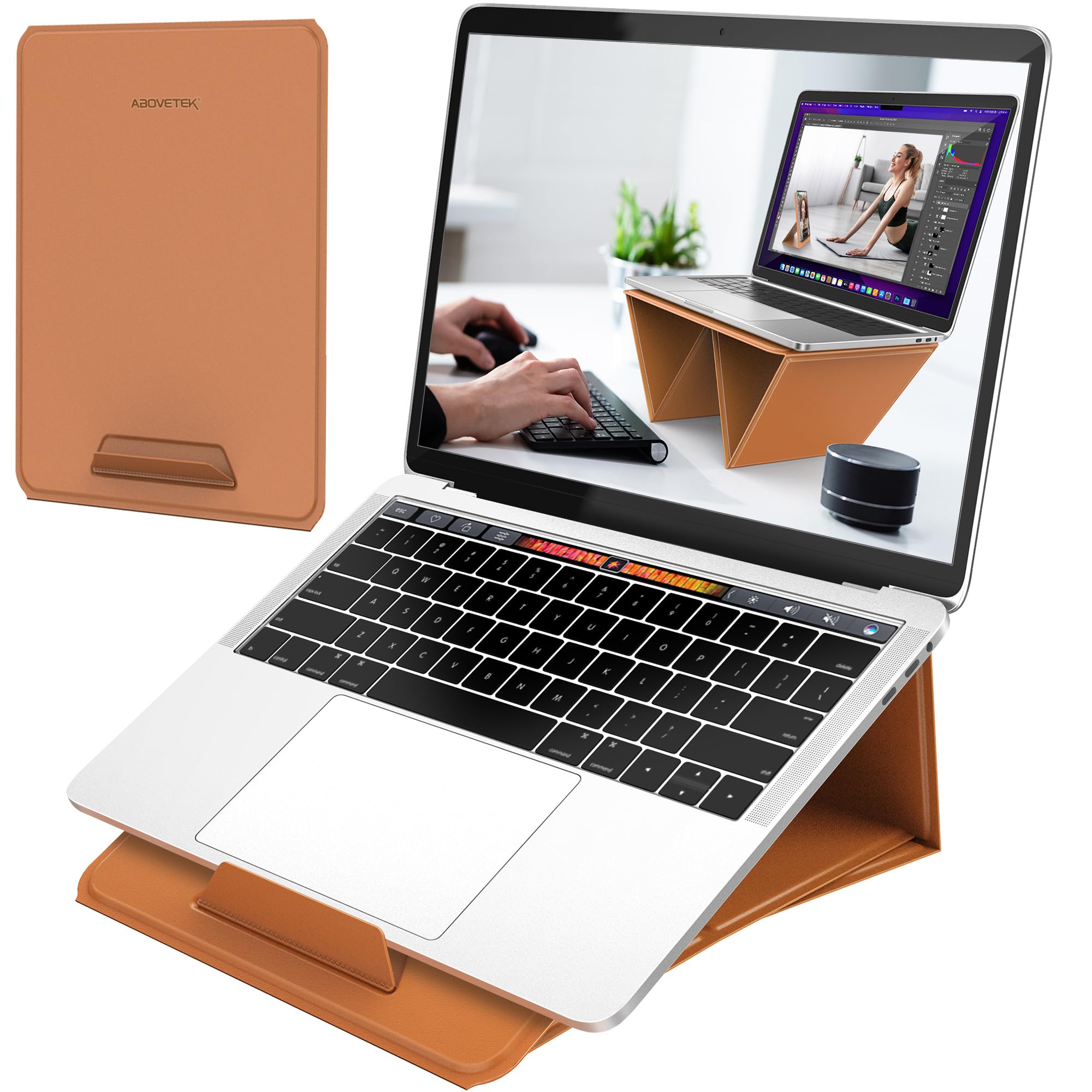 AboveTEK Portable Laptop Tray Stand, 2-in-1 Foldable MacBook Stand for Desk & iPad Tablet Stand Holder, Fits 14"~17" MacBook Air/Pro/Tablets/Kindle, PU Leather Adjustable Travel Computer Riser