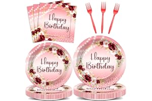 JUSTFORJOYFUL 96Pcs Burgundy Birthday Party Supplies Burgundy Floral Paper Plates Napkins Flower Birthday Party Tableware Set Red Gold Dinnerware for Girl Party Baby Shower Decoration Serve 24