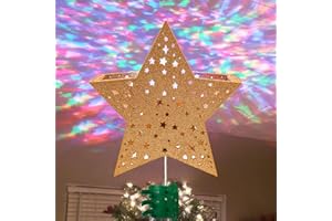 PEIDUO Christmas Star Tree Topper with RGB Projector, Lighted Xmas Tree Topper Magic Ripple Effect, Gold Tree Star Topper with Lights for Christmas Tree, Multicolor Projection Tree Top, Plug in