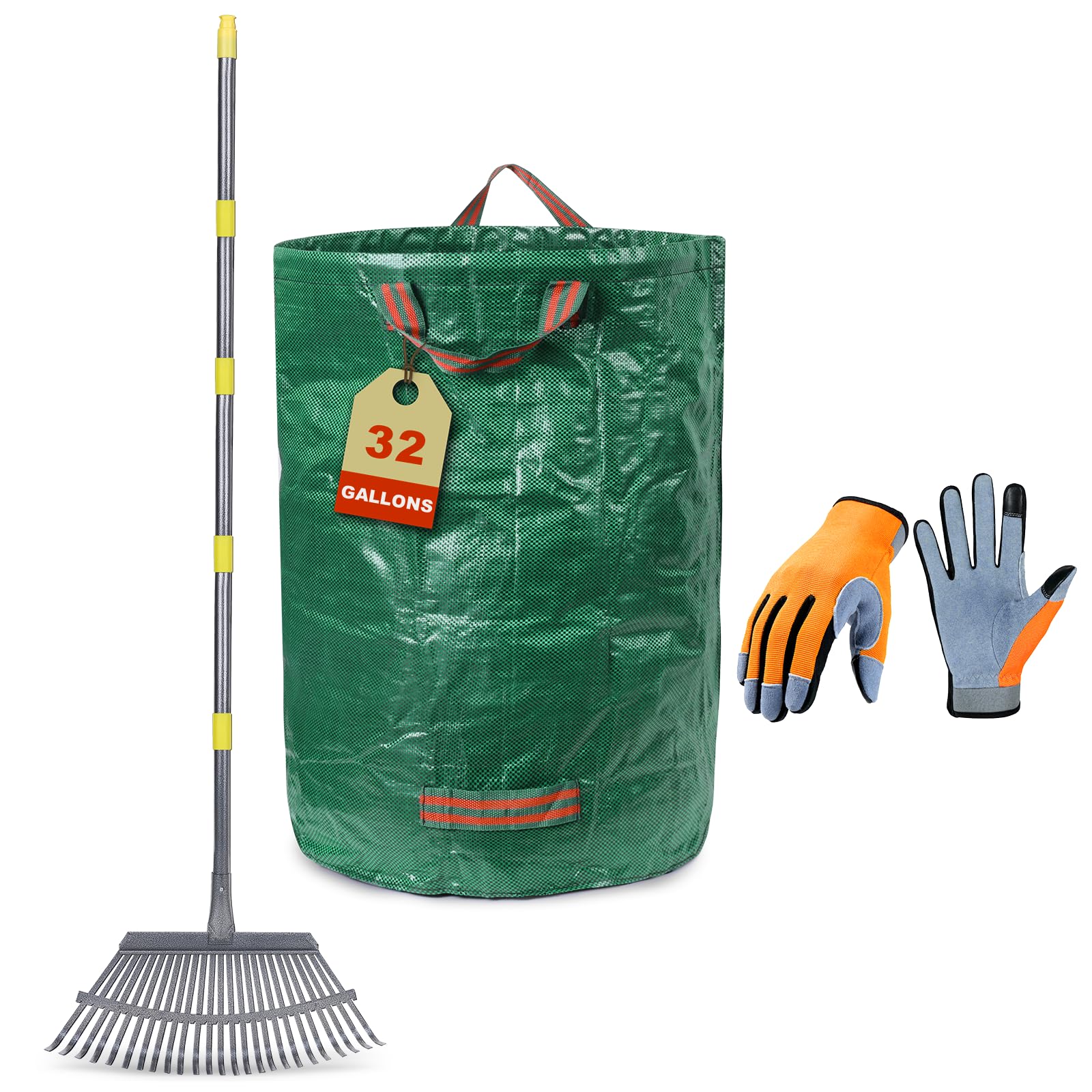 Photo 1 of 3-Piece Leaf Rake Kit – Adjustable Heavy-Duty Yard Rake with 25 Tines (36–73"), 32-Gal Tear-Resistant Bag & Leather Gloves – Fall Cleanup Set for Lawn, Shrubs & Gardens
