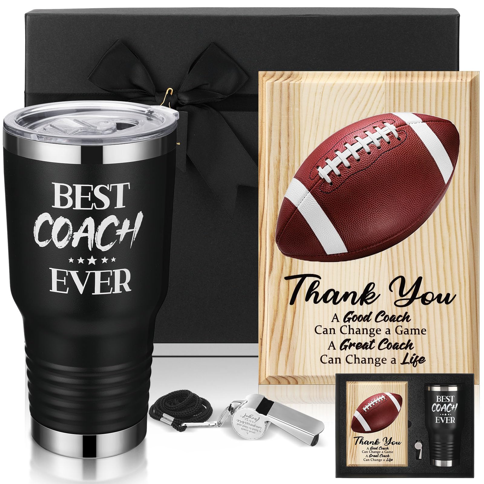 Photo 1 of 4 Pcs Coach Gifts Best Coach Ever, 30 oz Insulated Travel Tumbler with Whistle Plaque Gift Box Stainless Steel Mug Appreciation Gift Soccer Rugby Basketball(Rugby)