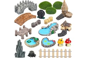 QUOZUO 21 Pcs Fairy Garden Miniatures Accessories Bridge House Landscape Water Well Fence Figurines Pond Mushroom Lawn Garden Ornament for DIY Craft Succulent Decor