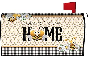 HARETU Spring Summer Bee Mailbox Cover 25.5x21 Inch, Welcome to Our Home Post Letter Box Covers, Spring Summer Seasonal Magnetic Waterproof Mail Wraps for Outdoor Yard Garden Standard Mailbox Decor