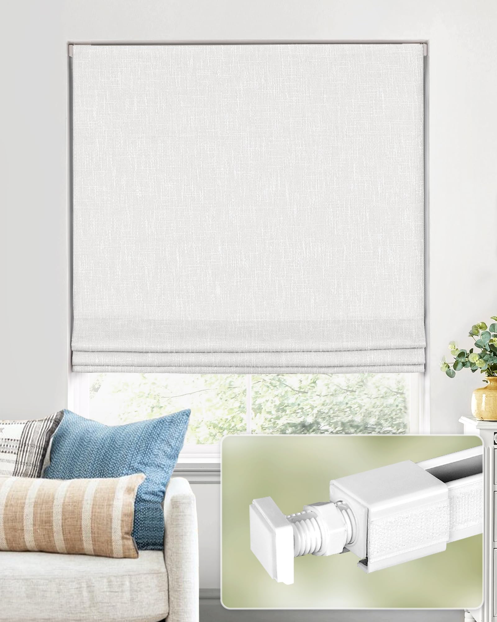 No Tools No Drill Cordless Roman Shades for Indoor Windows 100% Blackout, for Window Size 46" W × 64" H White