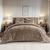 EVERGRACE Velvet Quilt Set California King 118'' x 106'', Luxurious Soft Striped Channel Bedding Set, Lightweight Velvet Comforter for All Season, Oversized Bedspread Coverlet w/ 2 Shams, Mocha Brown