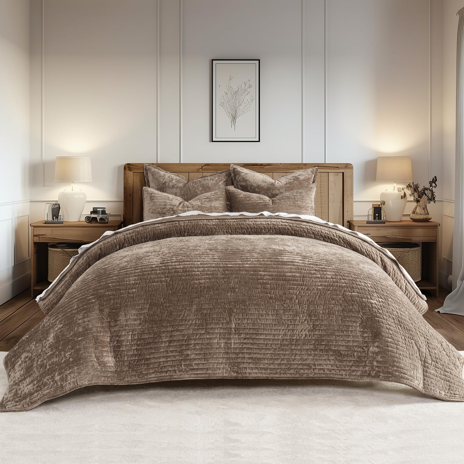 Photo 1 of EVERGRACE Velvet Quilt Set Queen Size, Luxurious Soft Striped Channel Bedding Set, Lightweight Velvet Comforter for All Season, Oversized Bedspread Coverlet with 2 Matching Shams, Mocha Brown
