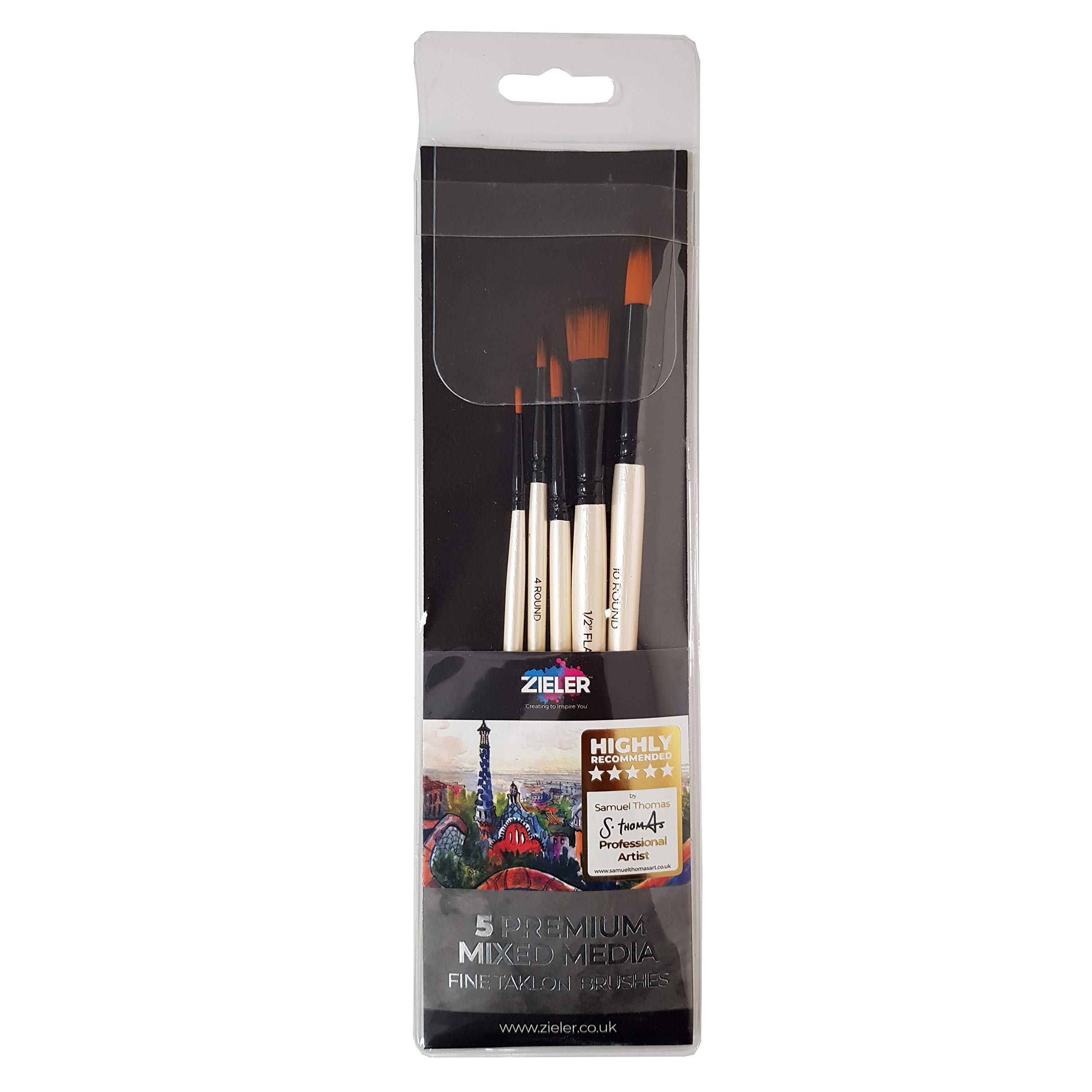 5 Artists Paintbrushes - by Zieler® - Soft nylon, anti-shedding hairs. Made from Kiln-dried hardwood in gloss finish (Mixed Media)