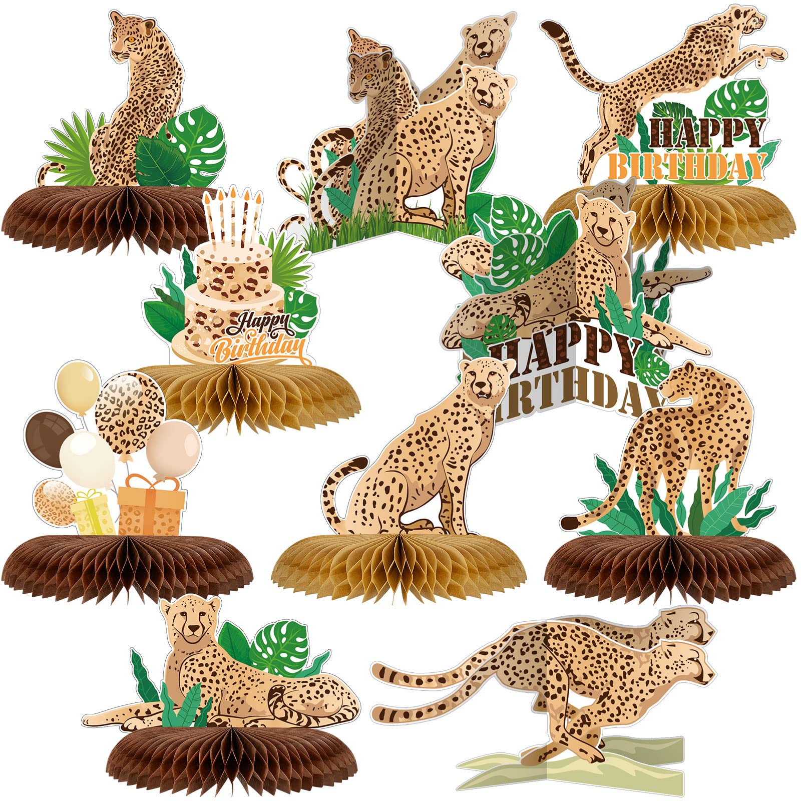 10 Pcs Leopard Birthday Decorations Leopard Table Centerpiece 3D Jungle Honeycomb Centerpieces Cheetah Birthday Decorations Cheetah Party Decorations for Jungle Happy Birthday Party Baby Shower