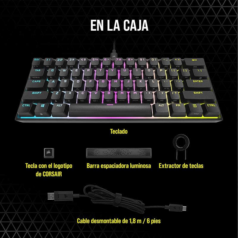 K65 RGB MINI Teclado Mecânico de Gaming 60% Ligado - Switches CHERRY MX RED - Teclados PBT Double-Shot - Compatível com iCUE - QWERTY ES - PC, Mac, Xbox - Preto