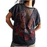 Floerns Women's Gothic Butterfly Graphic Mesh Tees Crew Neck Short Sleeve Loose Y2k T Shirts
