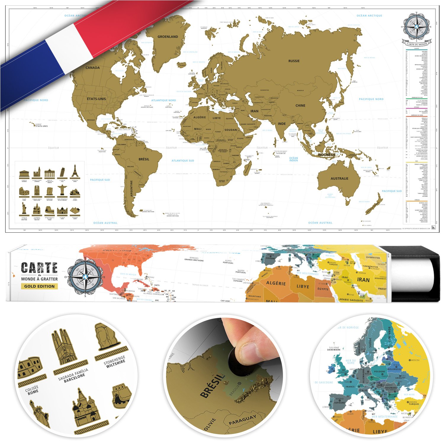 Benehacks Carte Du Monde à Gratter Poster Mural En Anglais