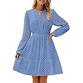ZESICA Women's 2026 Long Sleeve Mini Dress Fall V Neck Hollow Out Eyelet Embroidery Ruffle A Line Swing Short Dresses