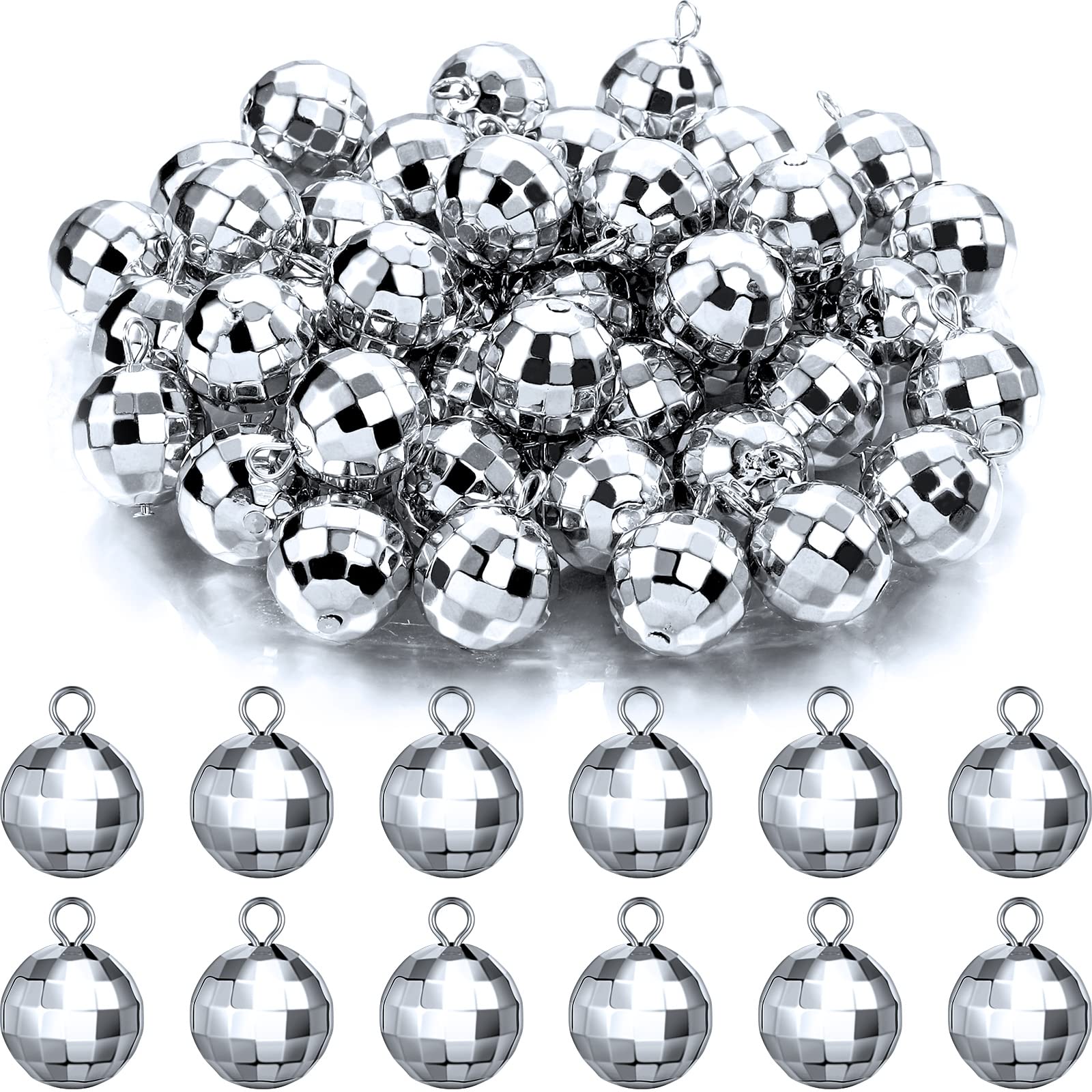 Photo 1 of 48 Pieces Mini Disco Ball Pendants Round Disco Ball Beads Bright Reflective Loose Charms Craft Supplies for Women Men Jewelry Making DIY Crafts Bracelet Necklace Earring Anklet Accessories, 0.63 Inch
