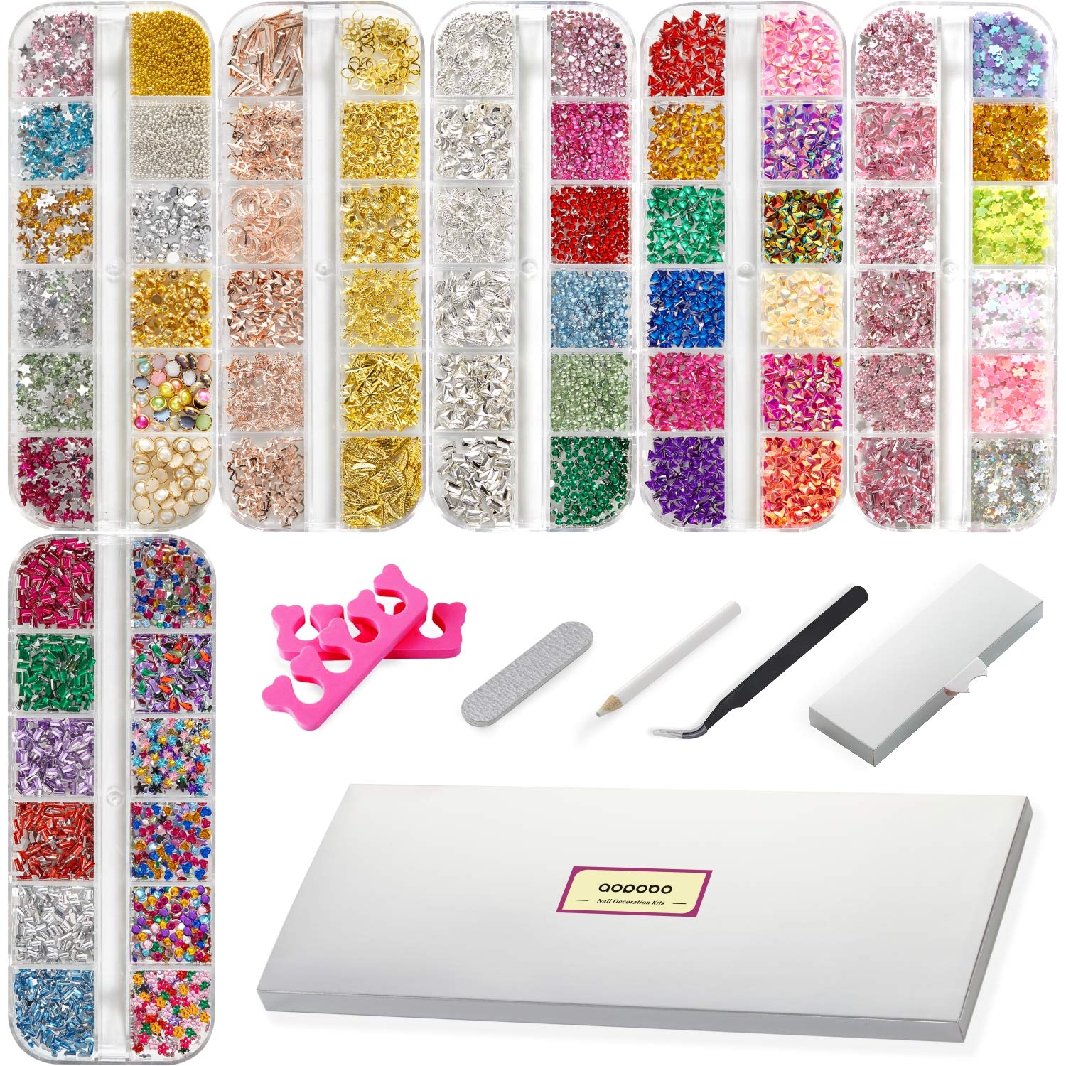 Nail Art Rhinestones, Nail Crystal Nail Gems Nail Art Supplies, Nail Design Kit, contains 6 Boxes of 72 Types, and Nail Accessories with 2 Finger Separator, 1 Tweezers, 1 Nail File, 1 Pen: Beauty