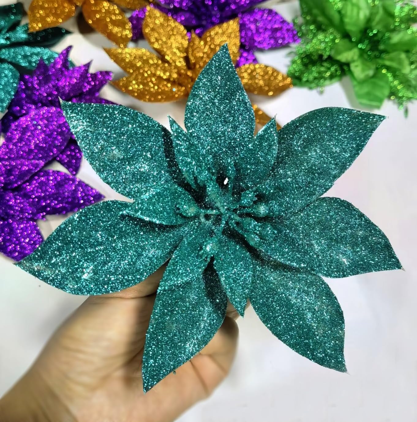 YYCRAFT Glitter Poinsettia Flowers 6 Inch for Christmas Tree Ornaments Christmas Decorations(12pcs,Teal)