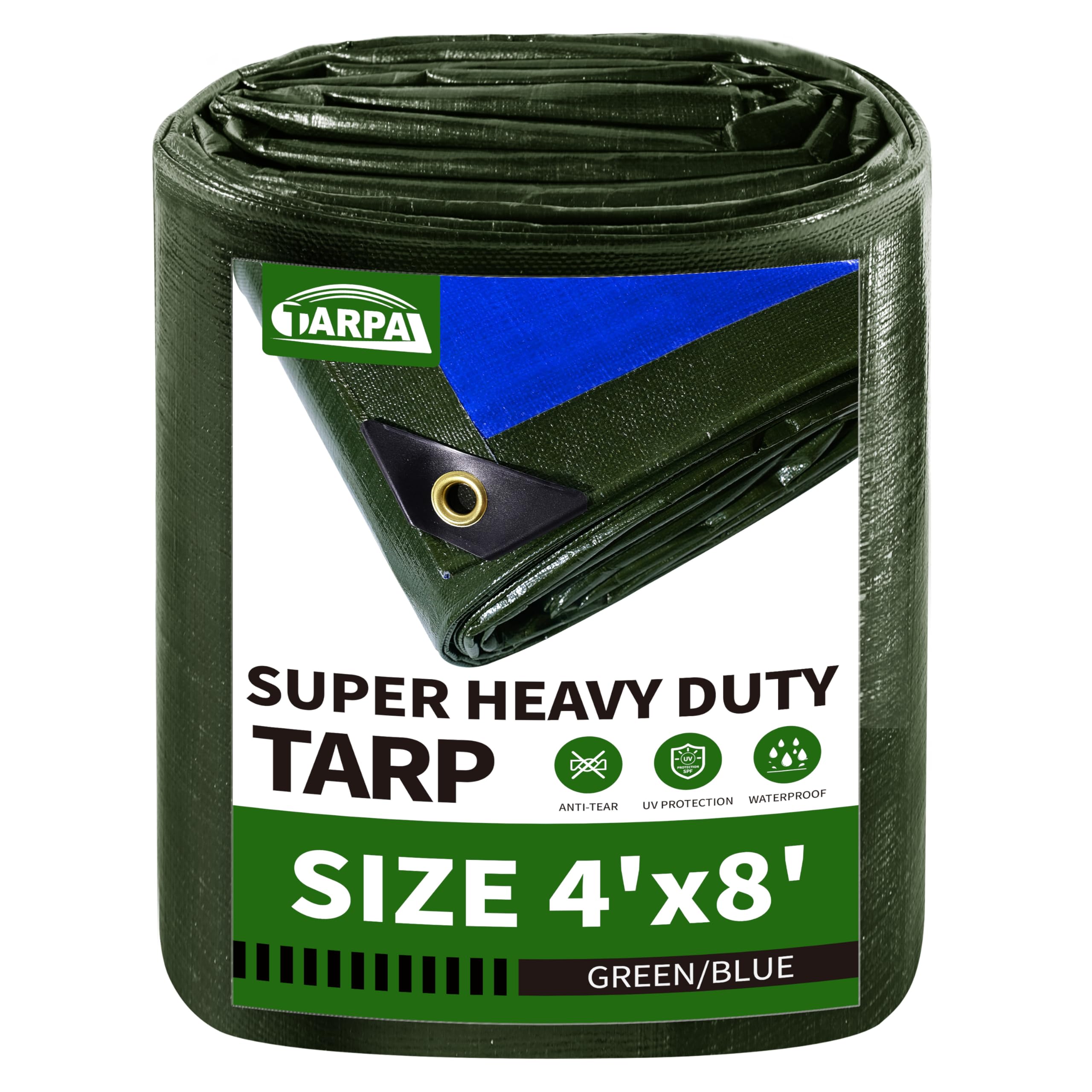 Photo 1 of TARPAL 4x8FT Heavy Duty Waterproof Tarp 16mil Thick Tarps with Metal Grommets Every 17.7" UV Protection&Tear -Resistant Cover for Firewood,Roof,Pool,Car,RV&Outdoor Furniture?Green/Blue?