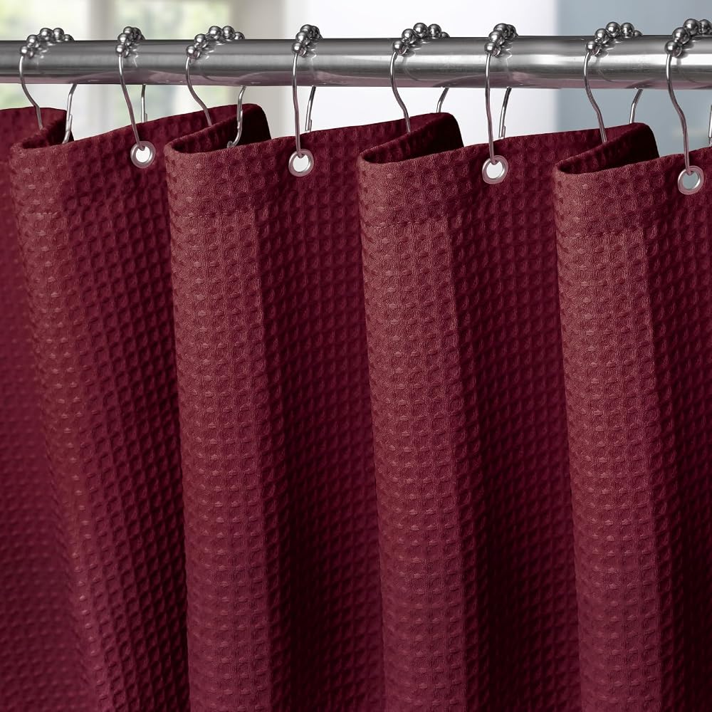 Shower Curtain 152x182cm Burgundy with Metal Hooks, Waffle Fabric
