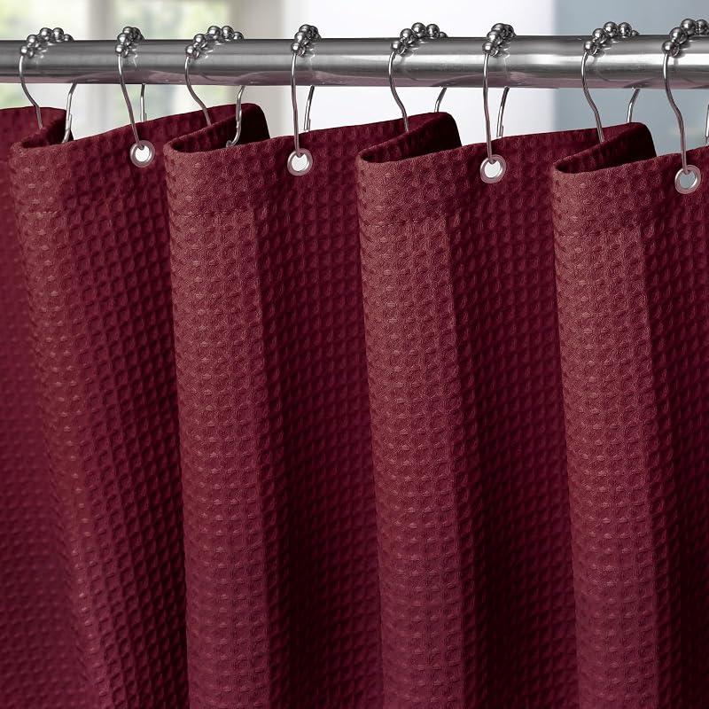 Shower Curtain 152x182cm Burgundy with Metal Hooks, Waffle Fabric