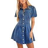 Yewfirm Denim Dress for Women Puff Sleeve Mini Jean Dresses for Women 2025 Summer Casual Denim Dress