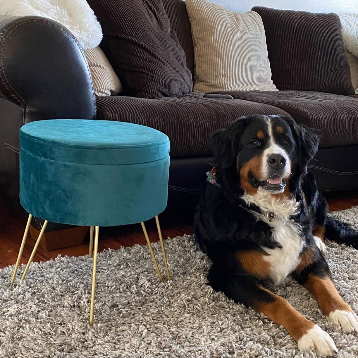 Velvet Storage Ottoman Home Vanity Seat/Table Small Round Soft Foot Rest Stool with Non-Slip Golden Hairpin Legs for Living Room, Bedroom and Kids Room (D15 xH18, Teal)