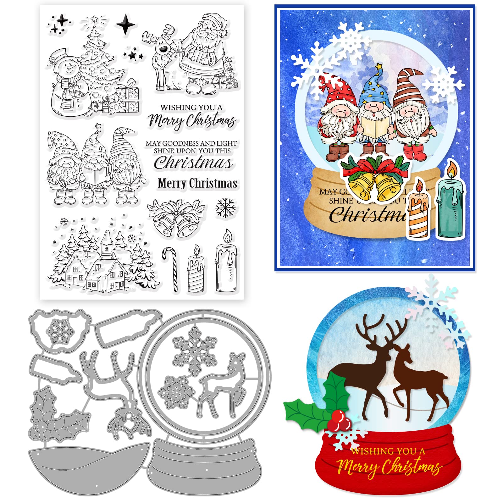 ORIGACH Christmas Gnome Clear Stamps and Dies Set for Card Making Xmas Tree Santa Claus Snowman Elk Merry Christmas Words Silicone Stamps Cutting Dies for DIY Scrapbooking Craft Xmas Card Decor