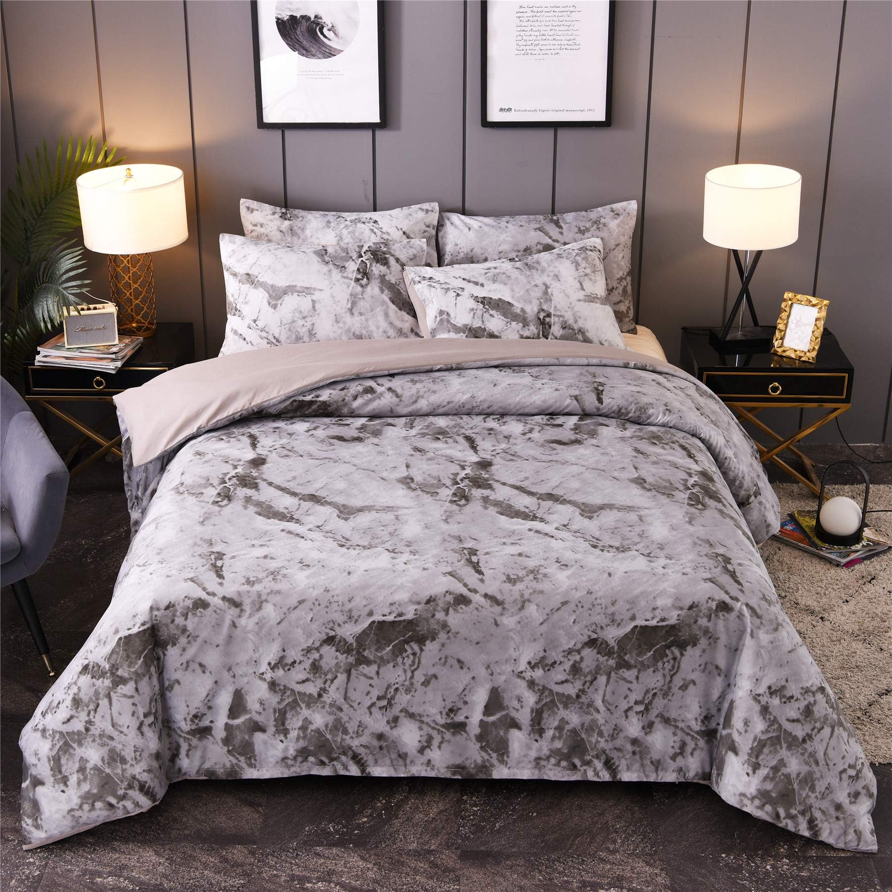 A Nice Night Grey Marble Printed,Ultra Soft,Lightweight Microfiber Quilt Cover Bedding Duvet Cover Set with 2 Matching Pillowcases (New-Grey, Queen)