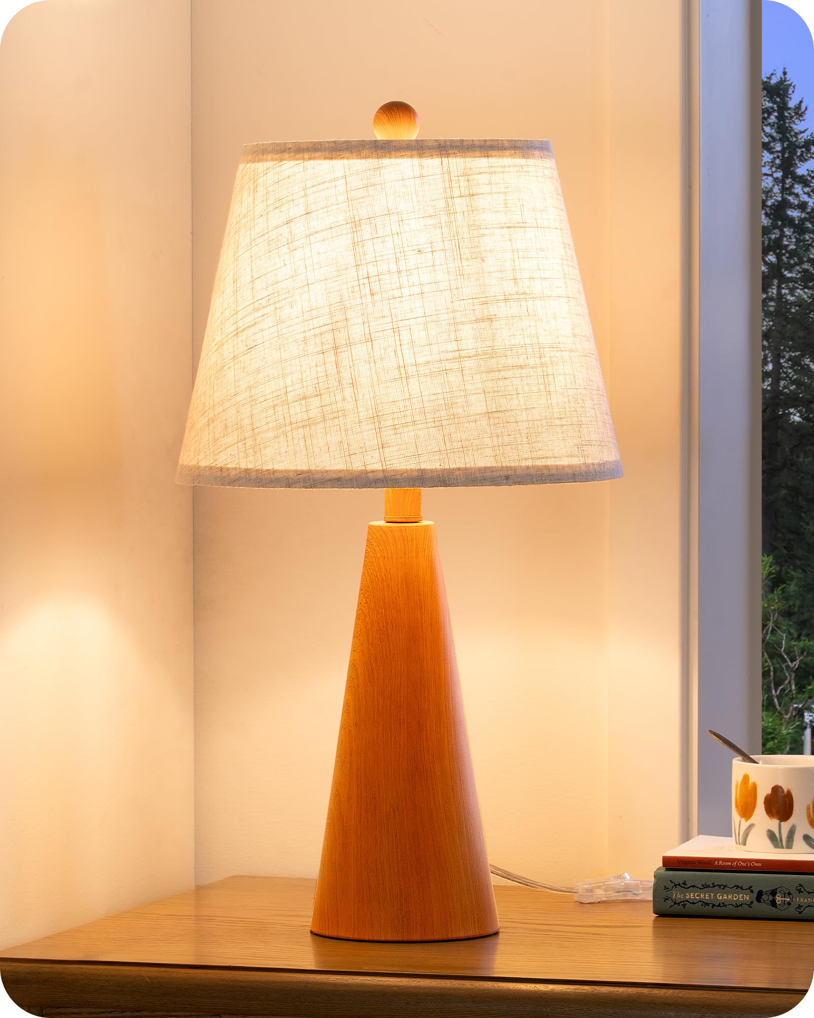 Photo 1 of EDISHINE 21.85" Farmhouse Table Lamp, Rustic Bedside Lamp, Water Transfer Rose Wood Grain Metal Base, Beige Linen Shade, Modern Nightstand Light for Living Room, Bedroom, Office, E26 Base