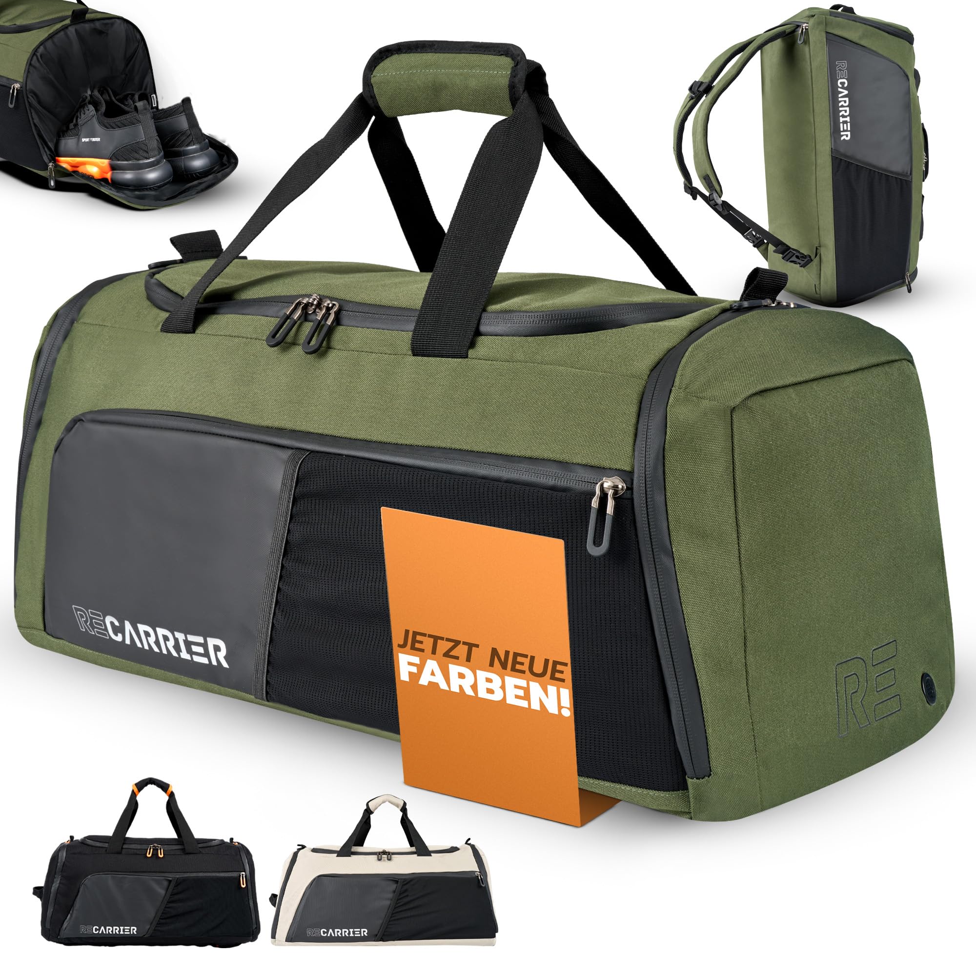 RECARRIER Sporttasche [RECYCELTES PET] 50L – Gym Bag und Rucksack in Einem –wasserdichte Trainingstasche Herren Damen–Sportrucksack wasserdicht mit Schuhfach Fitness, Reisetasche groß (Pinewoodgreen)