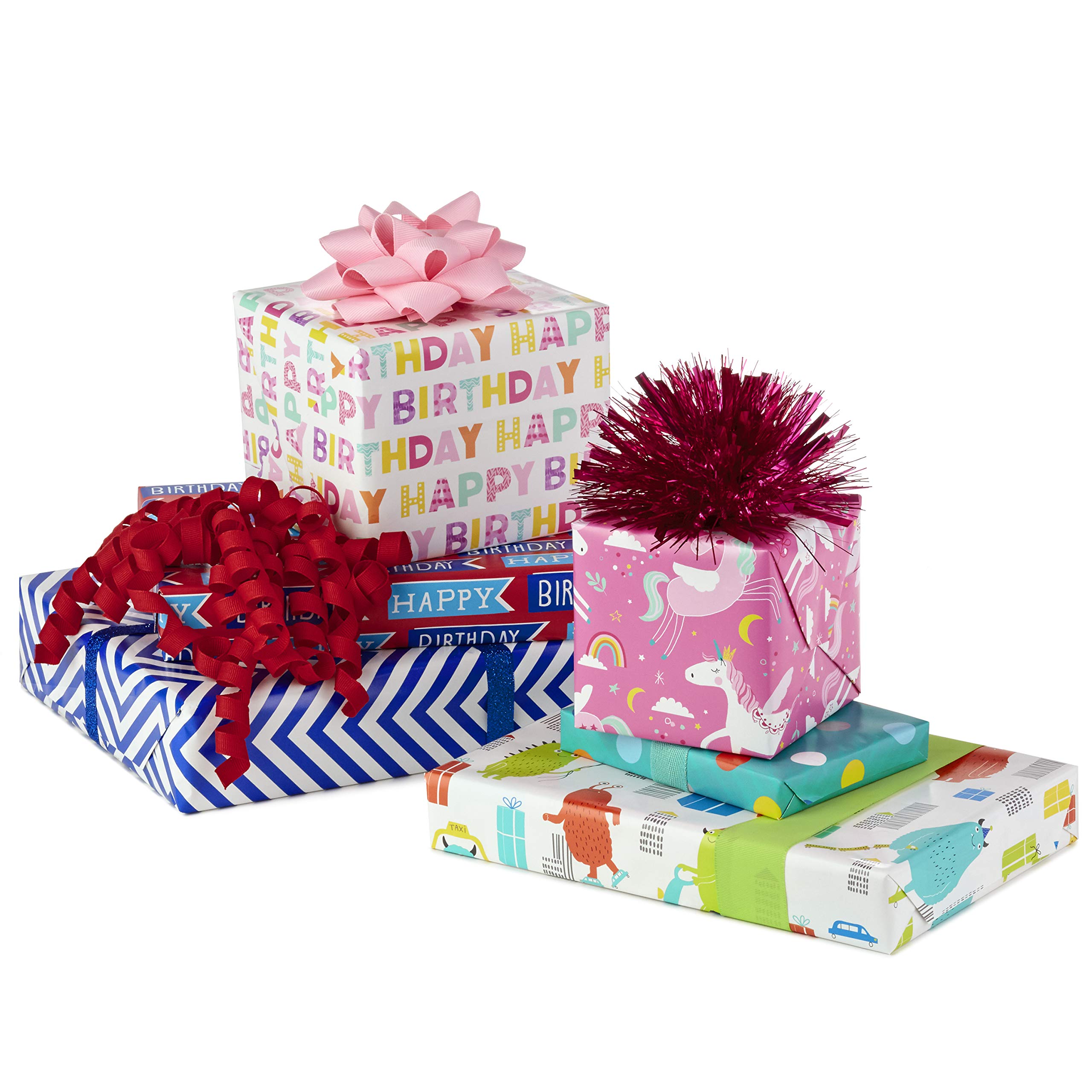 Hallmark Reversible Kids Birthday Wrapping Paper, Monsters and Unicorns (Pack of 3, 120 sq. ft. ttl.)
