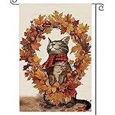 Fall Garden Flag Wreath Cat Welcome Small Flags for Outside, 12x18 Inch Maple Leaves Double Sided Burlap Autumn Thanksgiving Harvest Party Farmhouse Outdoor Yard Lawn Decoration