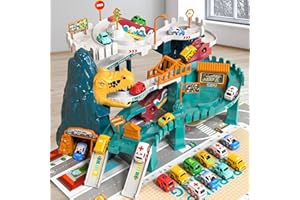 BLmukce Dinosaur Race Track Playset for Boys Kids 3-5, Dinosaur Climbing Hills Car Track Play Set with 10 Mini Racer Cars, Birthday Gift for 3 4 5 6 7 8 Year Old Boys Girls
