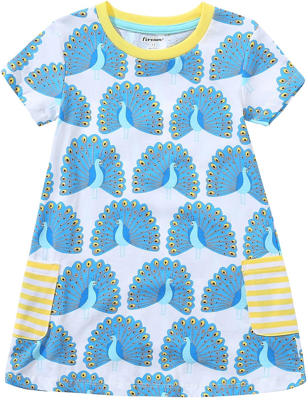 Fiream Girls Summer Cotton Casual Flower Dresses Shortsleeve (Peacock,2T/2-3YRS)