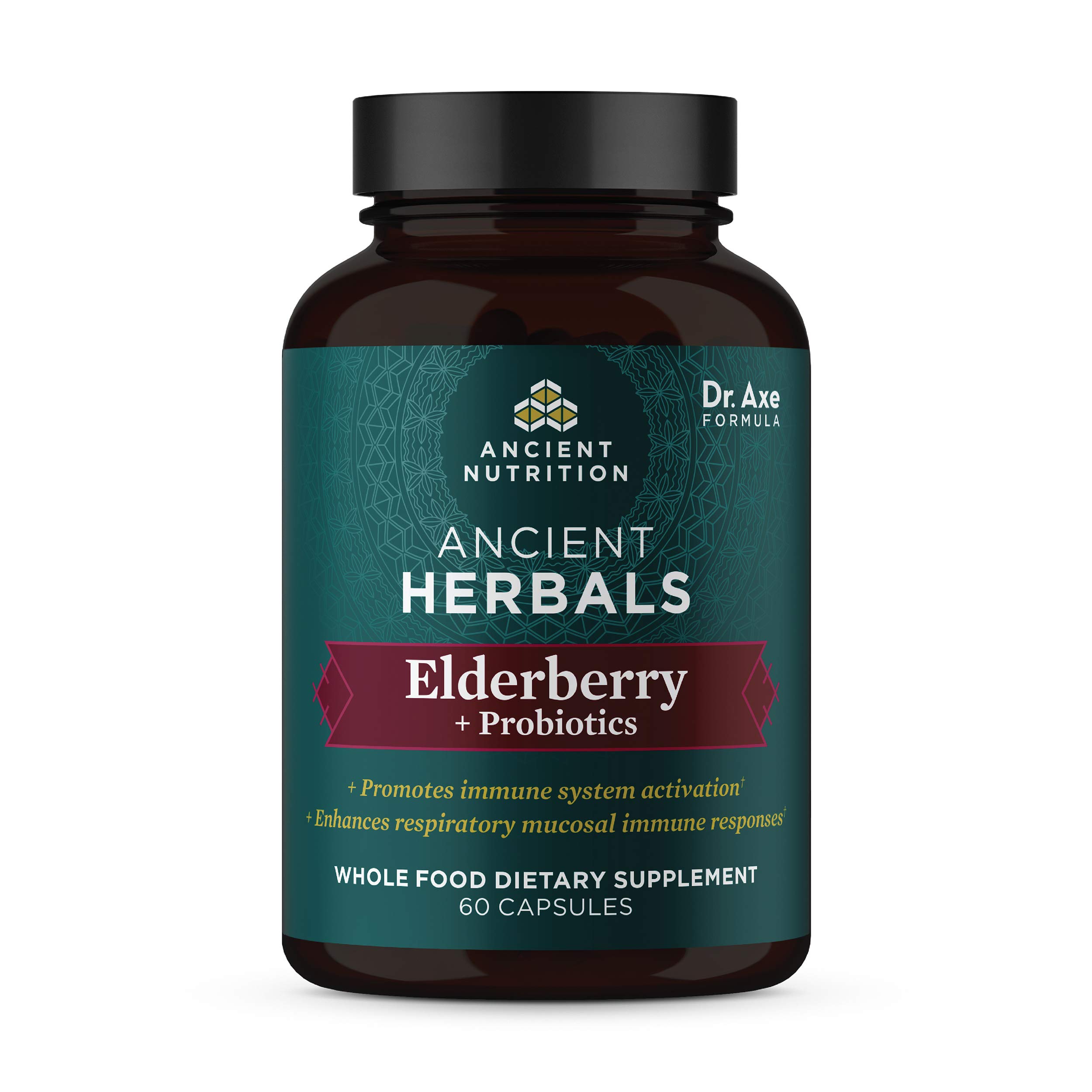 Ancient Nutrition Elderberry and Probiotics Supplement, Ancient Herbals Black Elderberry Capsules, Immune System Support, Whole Food Supplement, Gluten Free, Paleo and Keto Friendly, 60 Capsules