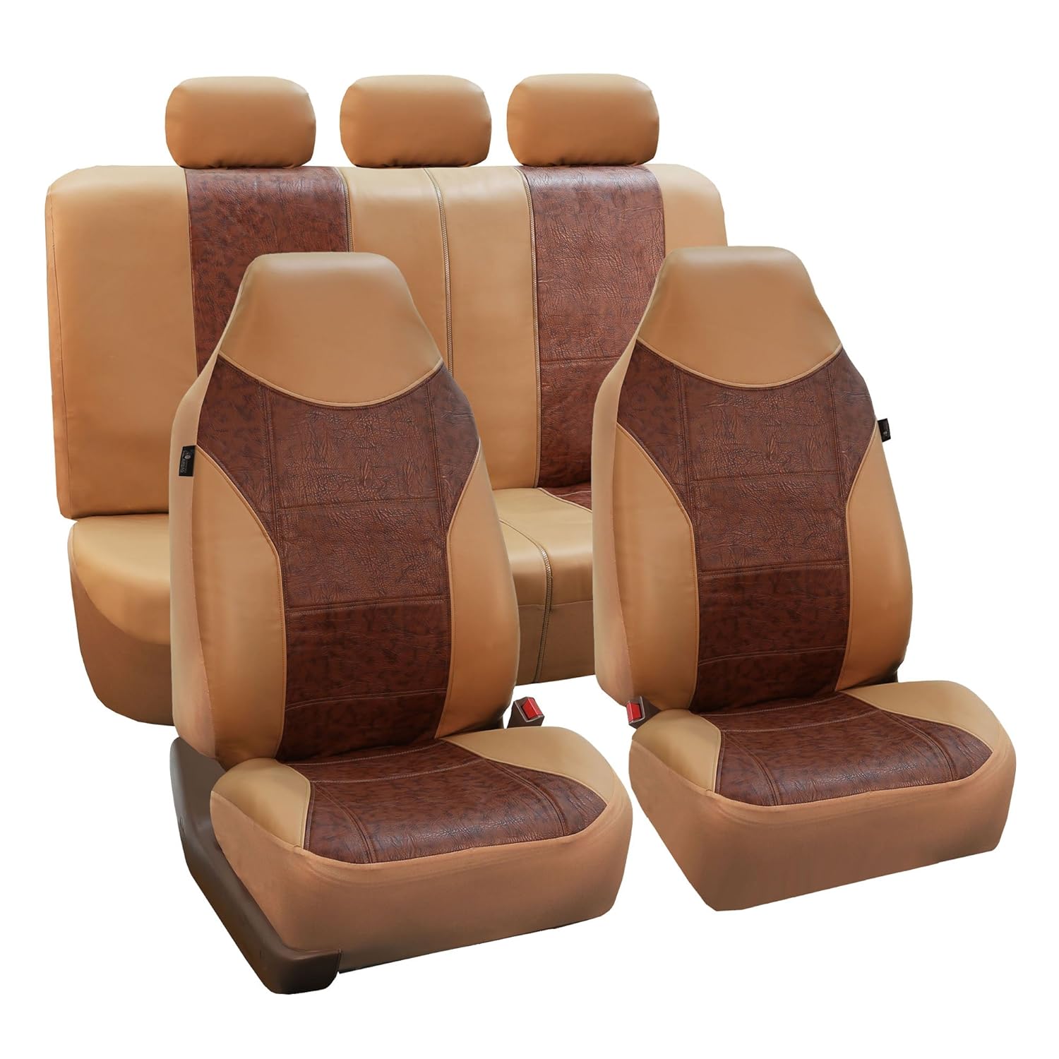 FH Group FH-PU160115 PU Textured High Back Leather Seat Covers, Brown/Beige (Airbag Compatible & Split Bench) W Fit Most Car, Truck, SUV, or Van