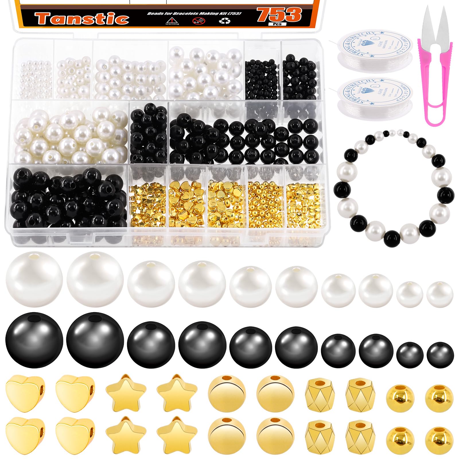 Tanstic 753Pcs Pearl Beads Kit, 4mm 6mm 8mm 10mm 12mm White Black Round Pearl Beads with Gold Spacer Bead for Jewelry Making DIY Pearls Bracelet Kit for Adults