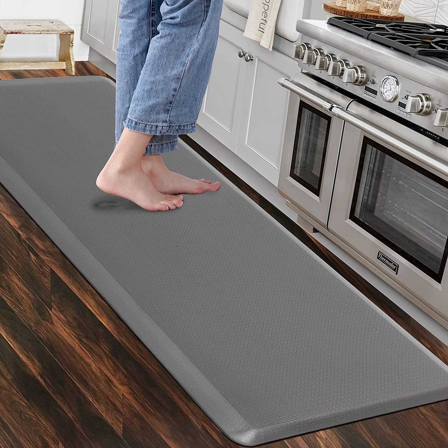 Carvapet Non Slip Kitchen Mat Anti Fatigue Standing Mats Cushioned Comfort Kitchen Floor Mats PVC Waterproof Runner Rug for Standing Desk, Kitchen, Office (Grey,44x152cm)
