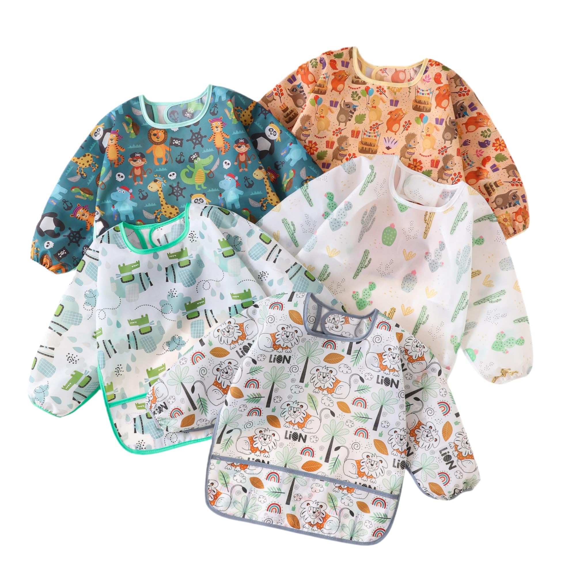 QinGuang 5pcs Long Sleeve Baby Bibs Painting Apron Slightly Waterproof Feeding Bibs for 6-30 Months