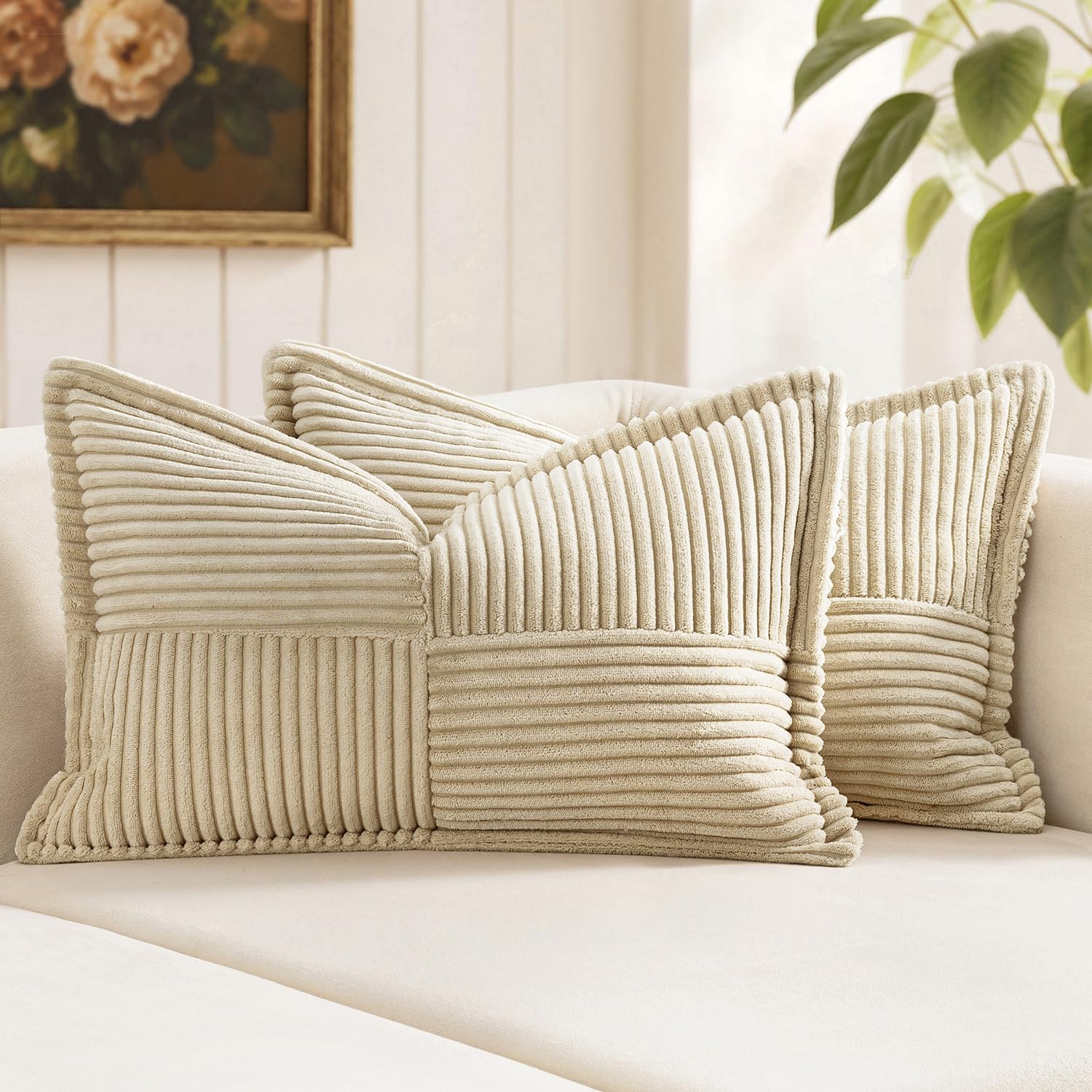 Photo 1 of MIULEE Decorative Lumbar Throw Pillow Covers for Couch Bed Livingroom 12x20 Inch Set of 2 Cream Boho Accent Throw Pllows Broadside Striped Patchwork Soft Corduroy Pillowcases