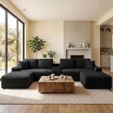125" Oversized Sectional Couches for Living Room, Modern Boneless Cloud Couch with Ottoman,USB Port⋓ Holders, Comfy Corduroy Modular Sectional U Shape Sofa Couch for Apartment,Black Couch in a Box