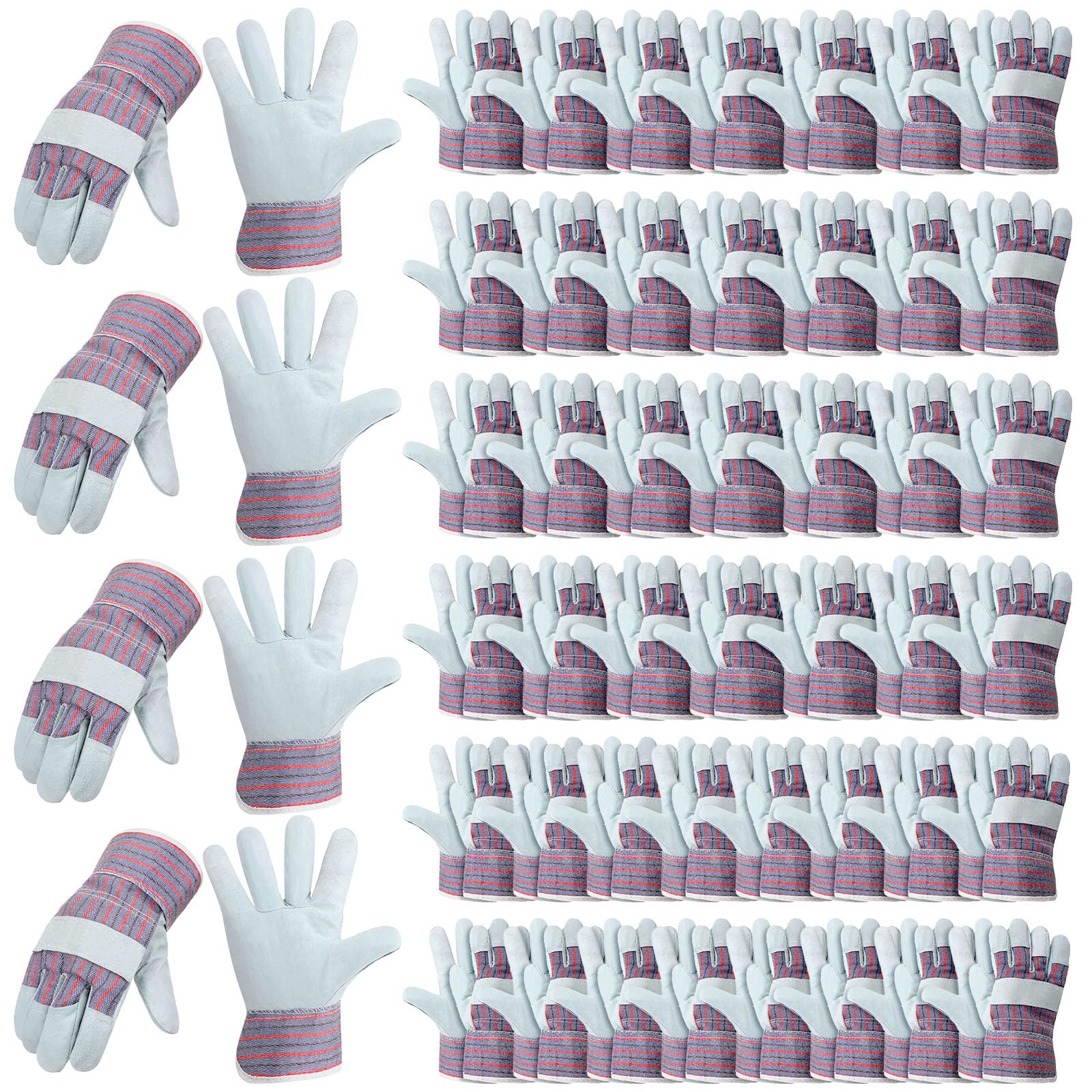 Photo 1 of Jiuguva 48 Pairs Leather and Cotton Work Gloves Bulk Gardening Gloves for Men Women Padded Heavy Duty Gloves with Reinforced Palms and Safety Cuff for Landscaping Construction Working, Red and Blue