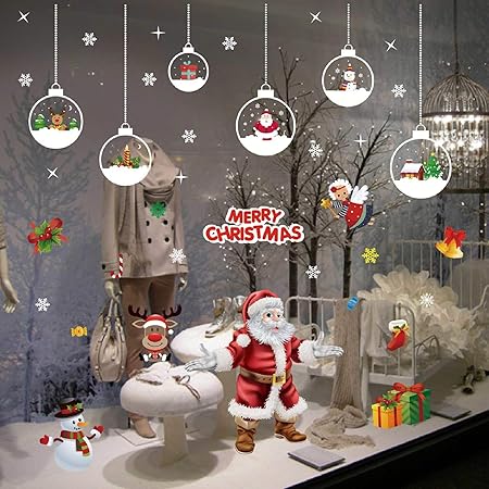 Tuopuda Noël Autocollants Fenetre Décoration Décalcomanie Boule De Noel Père Noël Flocon De Neige Autocollant Muraux Diy Amovibles Statique Stickers