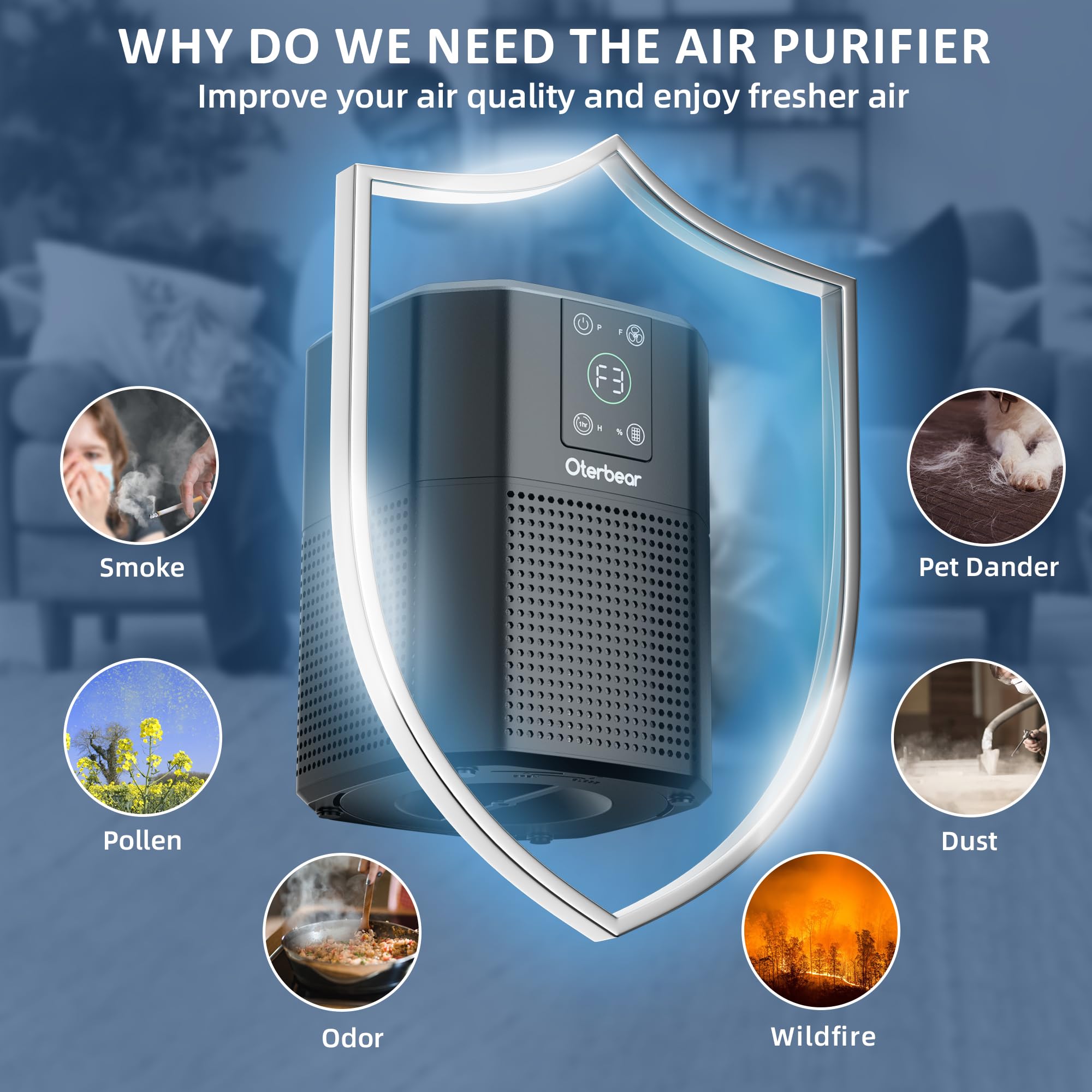 Air Purifiers for Bedroom Home Up to 1350 Ft², Oterbear Room Air Cleaner with H13 True HEPA Filter with Sleep Mode, Aroma Function, Ambient Light, Remove Dander Smoke Pollen Odor, Black