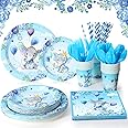 Spakon 200 Pcs Baby Shower Decorations Baby Shower Paper Elephant Plates Cups Napkins Straws Tableware Sets Serves 25 for Boys Girls Elephant Birthday Gender Reveal Party Favors(Blue, Cute Style)